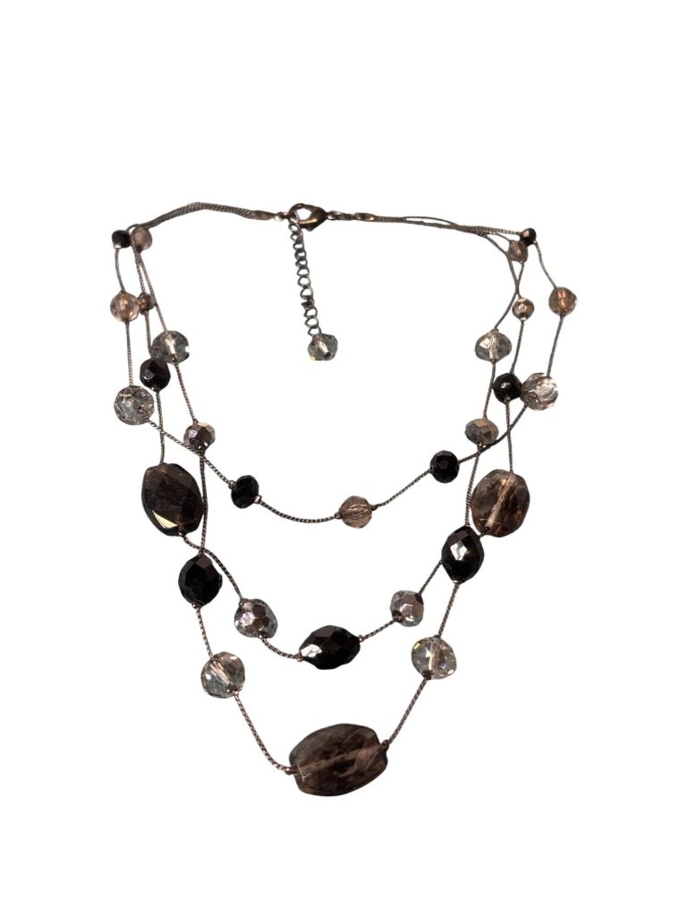 Gunmetal 3 Strand Glass Beaded Necklace Lobster Clasp